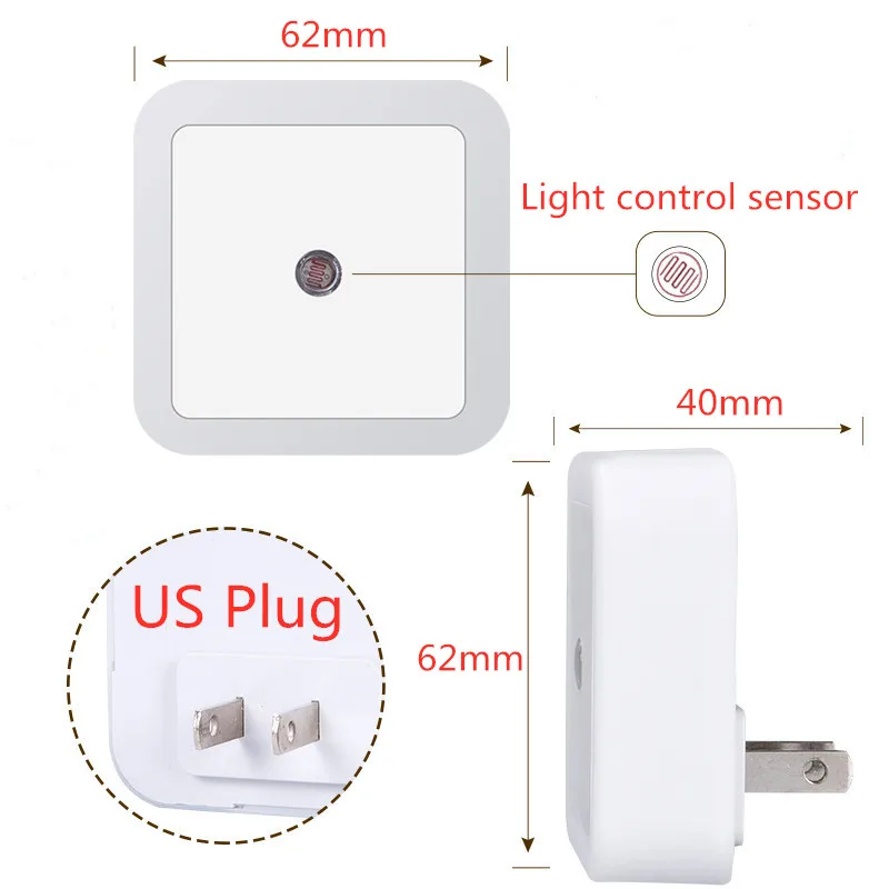 Mini LED Night Light EU/US/UK Plug Light Sensor Square Shape Nights Lamp For Kid\'s Room Bedroom Bedside Aisle Corridor 110V 240V