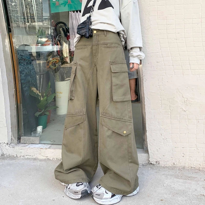 2024 Fall New Arrival Military Green American Style Fashion Loose Wide Leg Jeans for Women with High Waist and Slimming Design