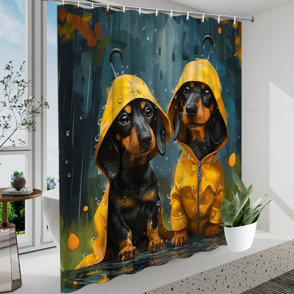 1pc 2D Flat Shower Curtain, Black And Tan Dachshund in Yellow Raincoat Rainy Forest Printed Shower Curtain, Decor for Bathroom