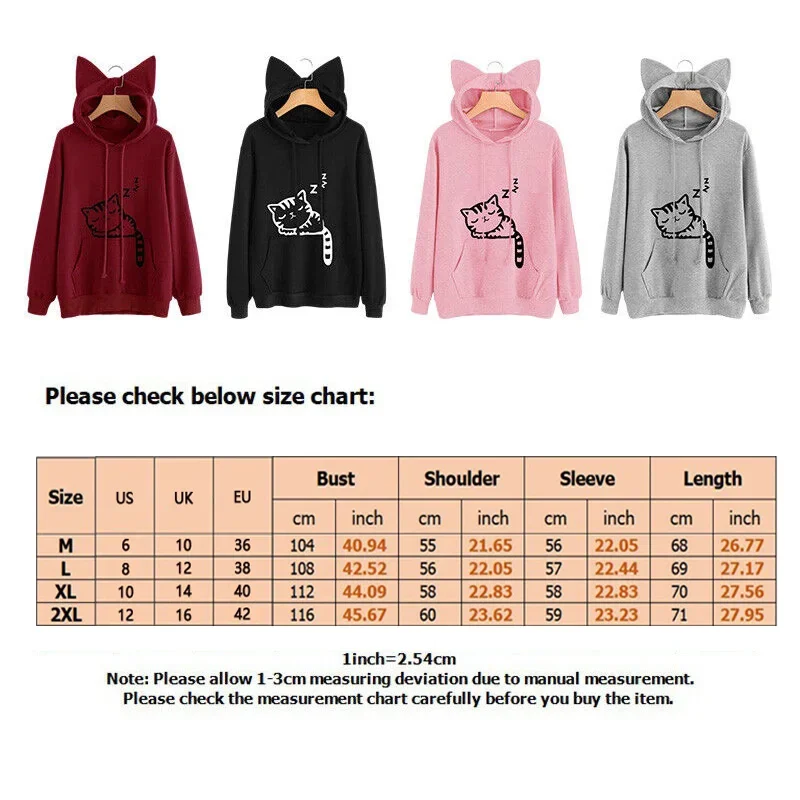 Winter Women\'s Sweatshirt Cute Cat Ears Hooded Sweatshirt Fashion Cat Print Casual Long Sleeve Pullover Top Daily Commute