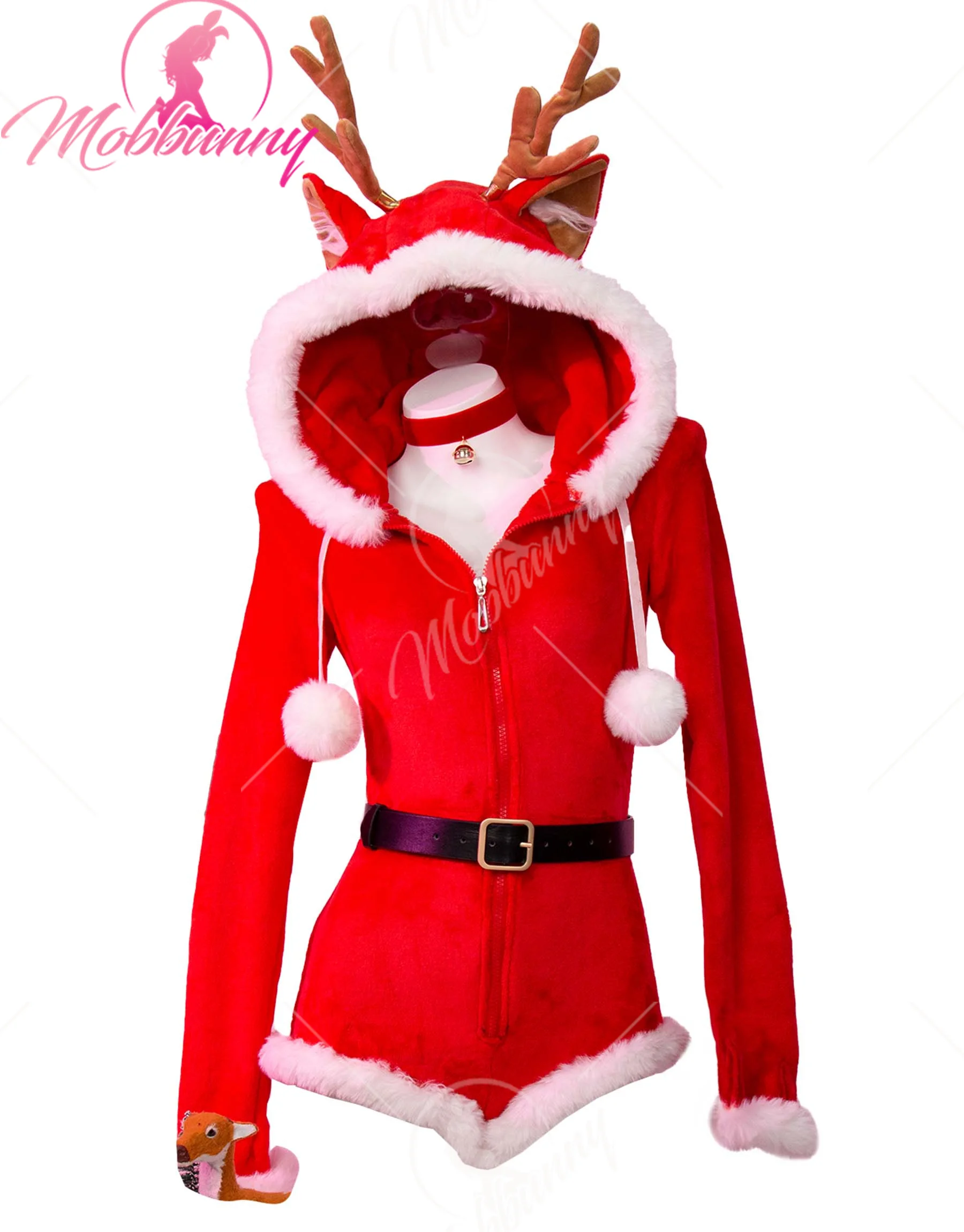 

Women Christmas Sexy Lingerie Set Elk Style Homewear Furry Bodysuit with Belt and Thigh Socks and Choker