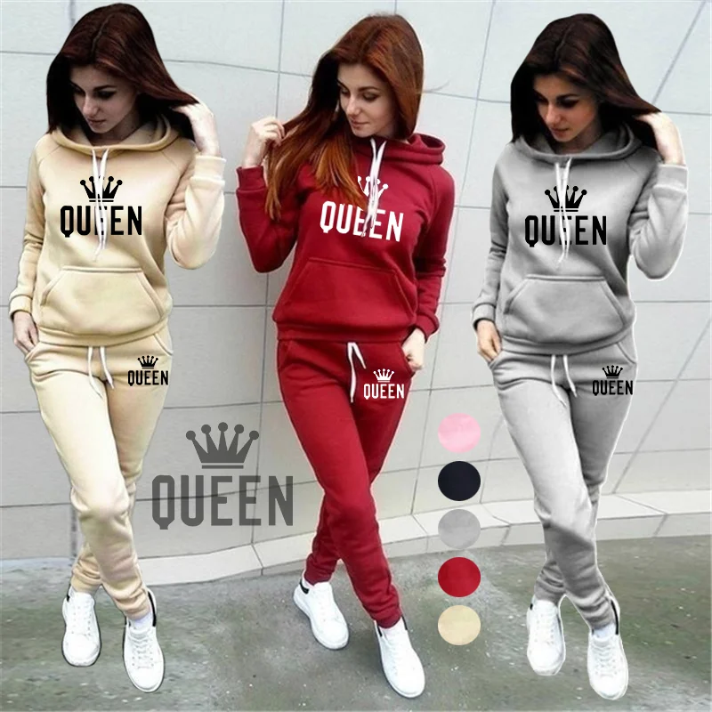 Hot Women\'s Hoodie Set Sweatshirt Set Sweatshirt and Jogging Pants 2 Piece Casual Queen Printed Sweatshirt