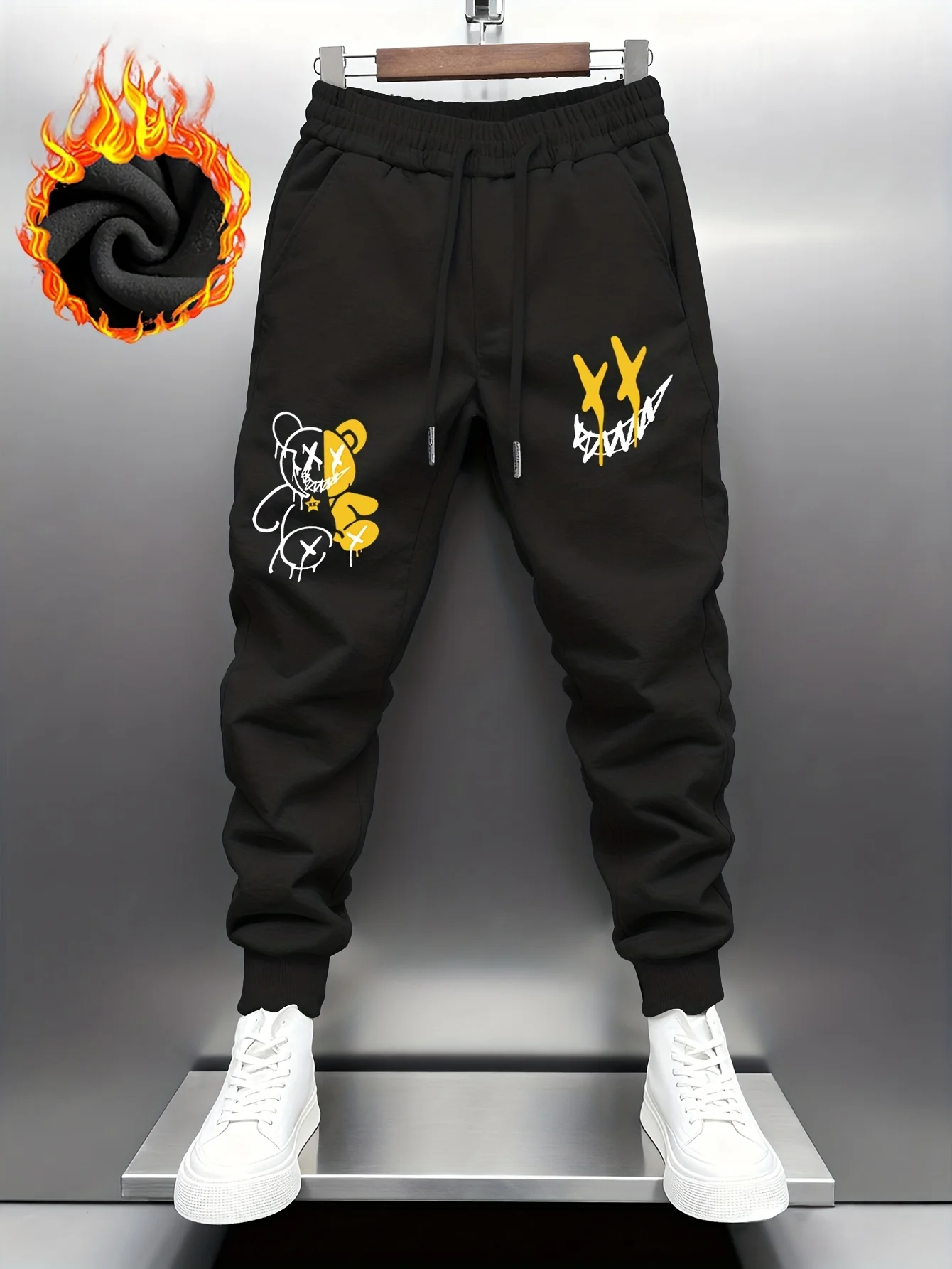 Graffiti split bear with cross‑eye street symbol print graphic sweatpants for men hip hop sports street jogger trousers