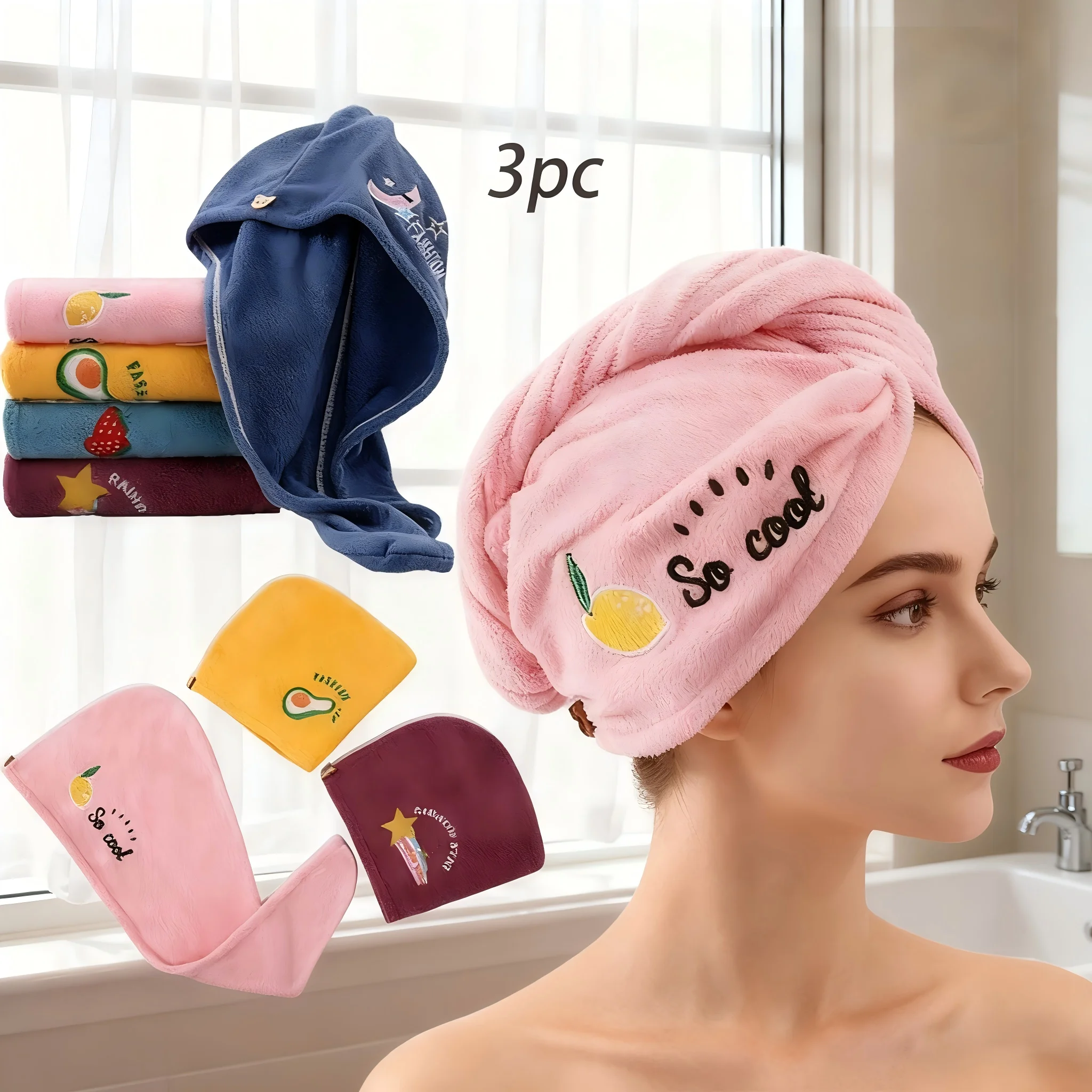 3 Quick-Drying Hair Caps, Super Absorbent, Soft, Bathroom Headscarf for Women, Simple Plain Hair Towel for Girls, Hair Drying Cap