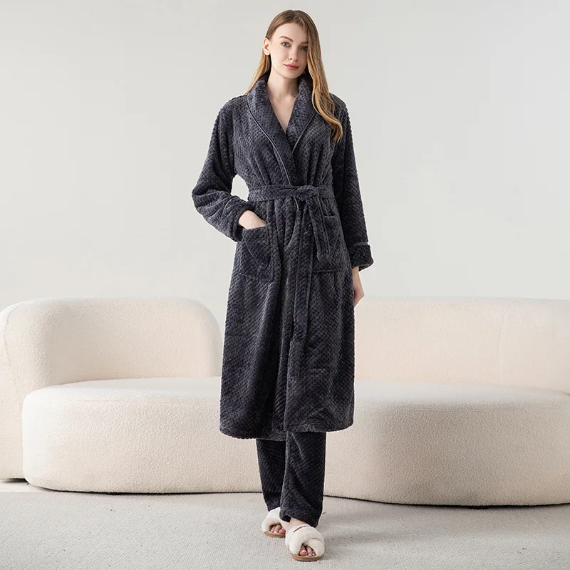 Couples Long Warm Robe Pant Suit Flannel Bathrobe Winter Thick Coral Fleece Bath Robe Women Spa Dressing Gown Men Cozy Sleepwear