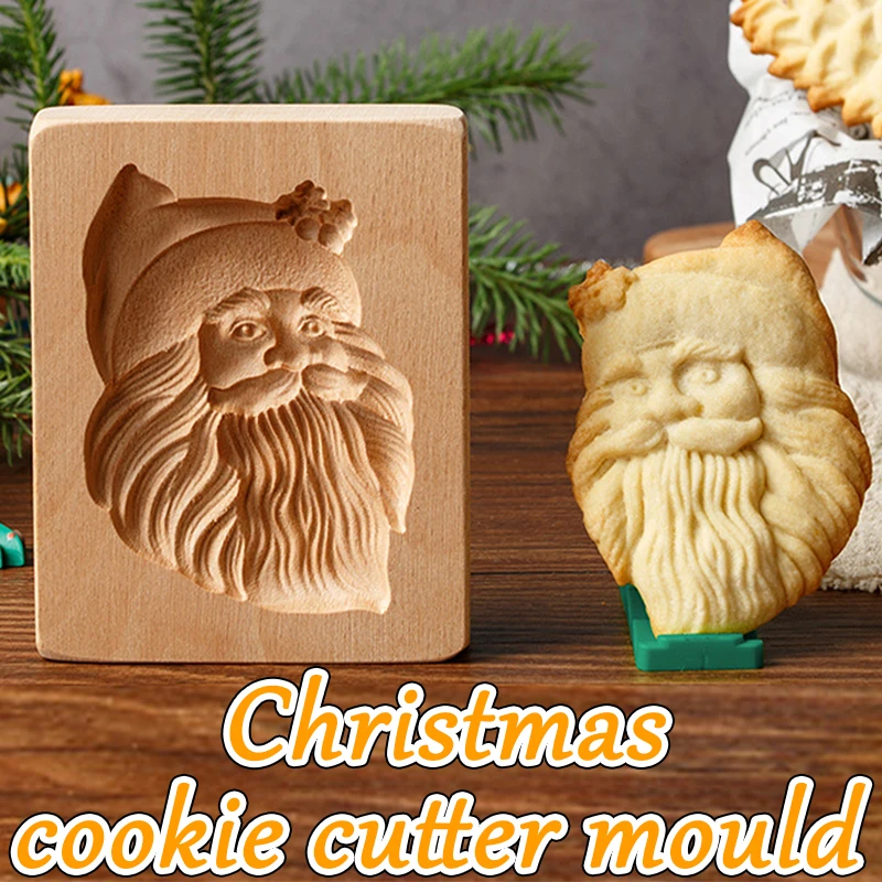 Christmas Wood Cookie Mold, with Xmas Tree Reindeer Animals Flower Patterns, 3D Carved Embossed Biscuit Cutter Moulds for Baking