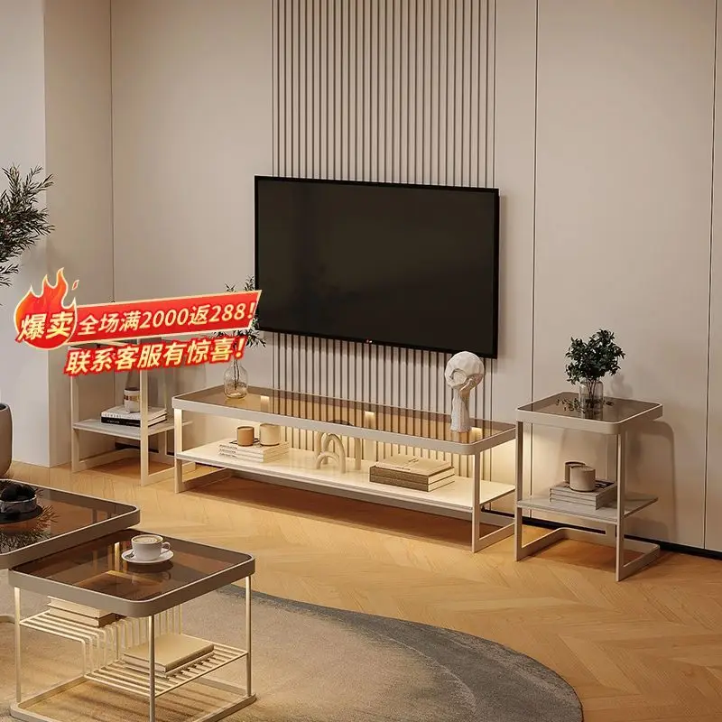 Wrought iron TV cabinet Floor cabinet Household tempered glass cream wind small apartment coffee table set Living room TV cabine