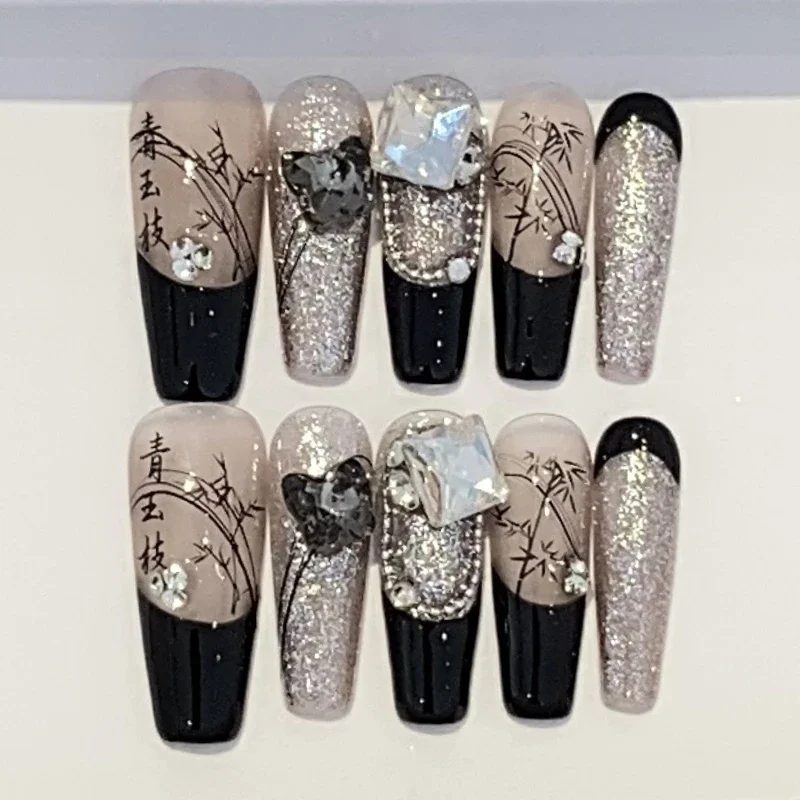 10Pcs Black Swoosh Fake Nails Press on Wearable Med-length Ballet False Acrylic Nail Bow Camellia with Diamonds Design Nail Tips