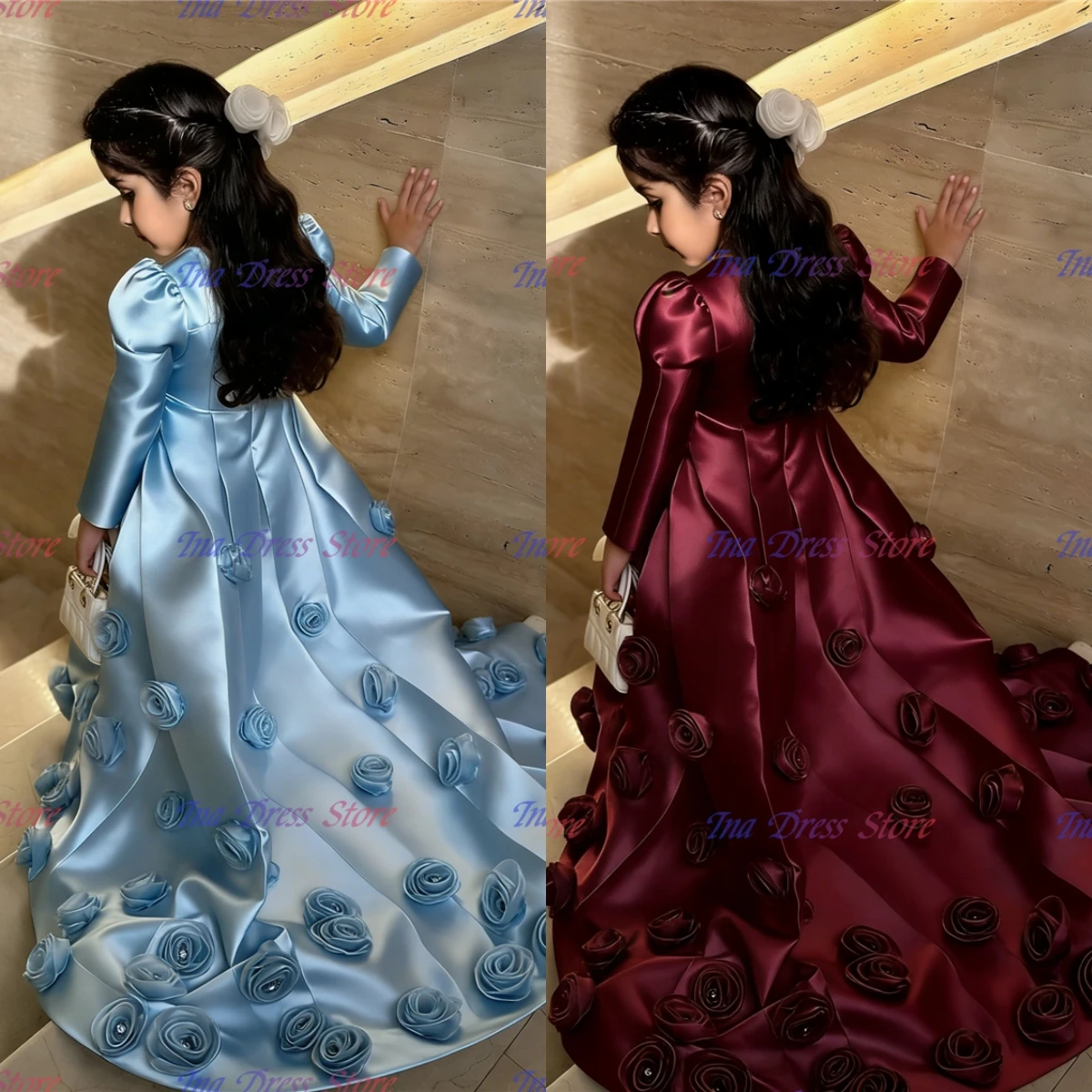 Quality Elegant Champagne Satin Fluffy Long Trailing Flower Girl Dress With 3D Flowers Applique For Wedding Birthday Ball Gowns
