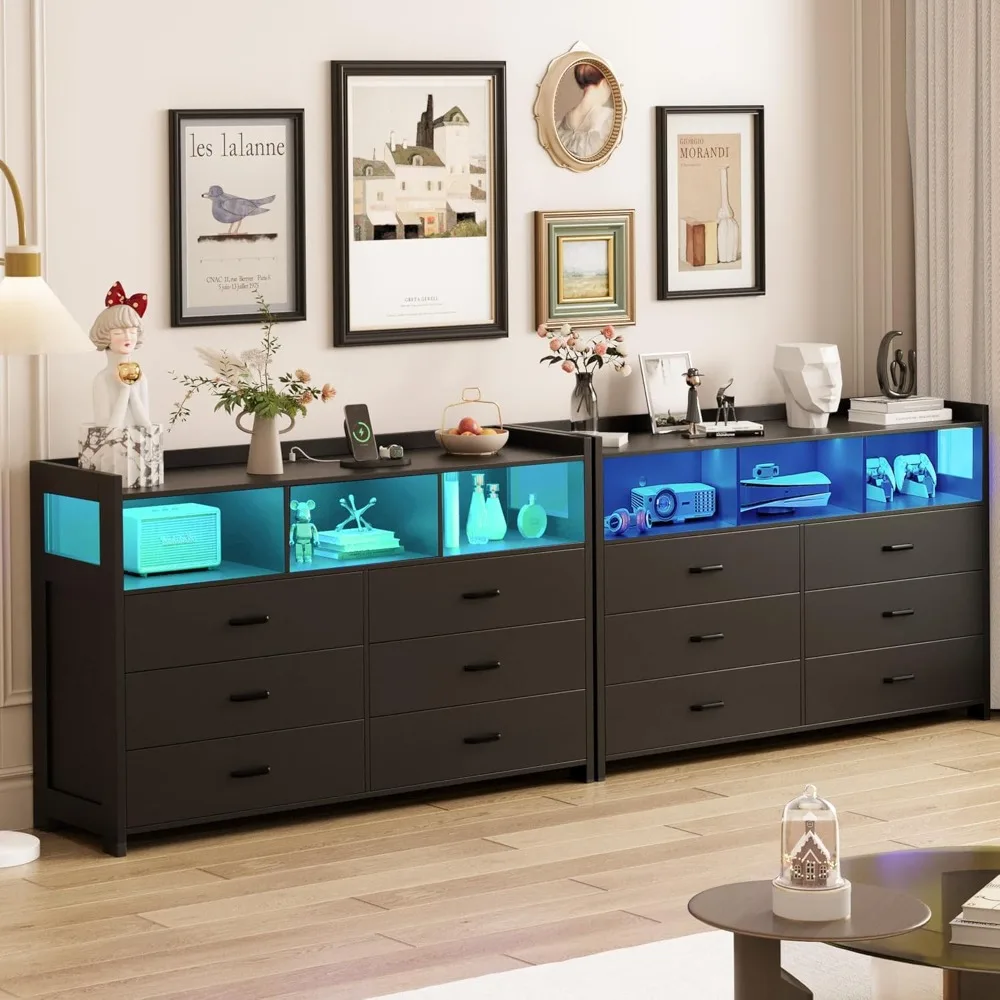 خزائن سوداء لغرفة النوم، خزائن ذات 6 أدراج مع أضواء، خزانة خشبية مع شريط طاقة للبالغين، غرفة النوم، المعيشة #3