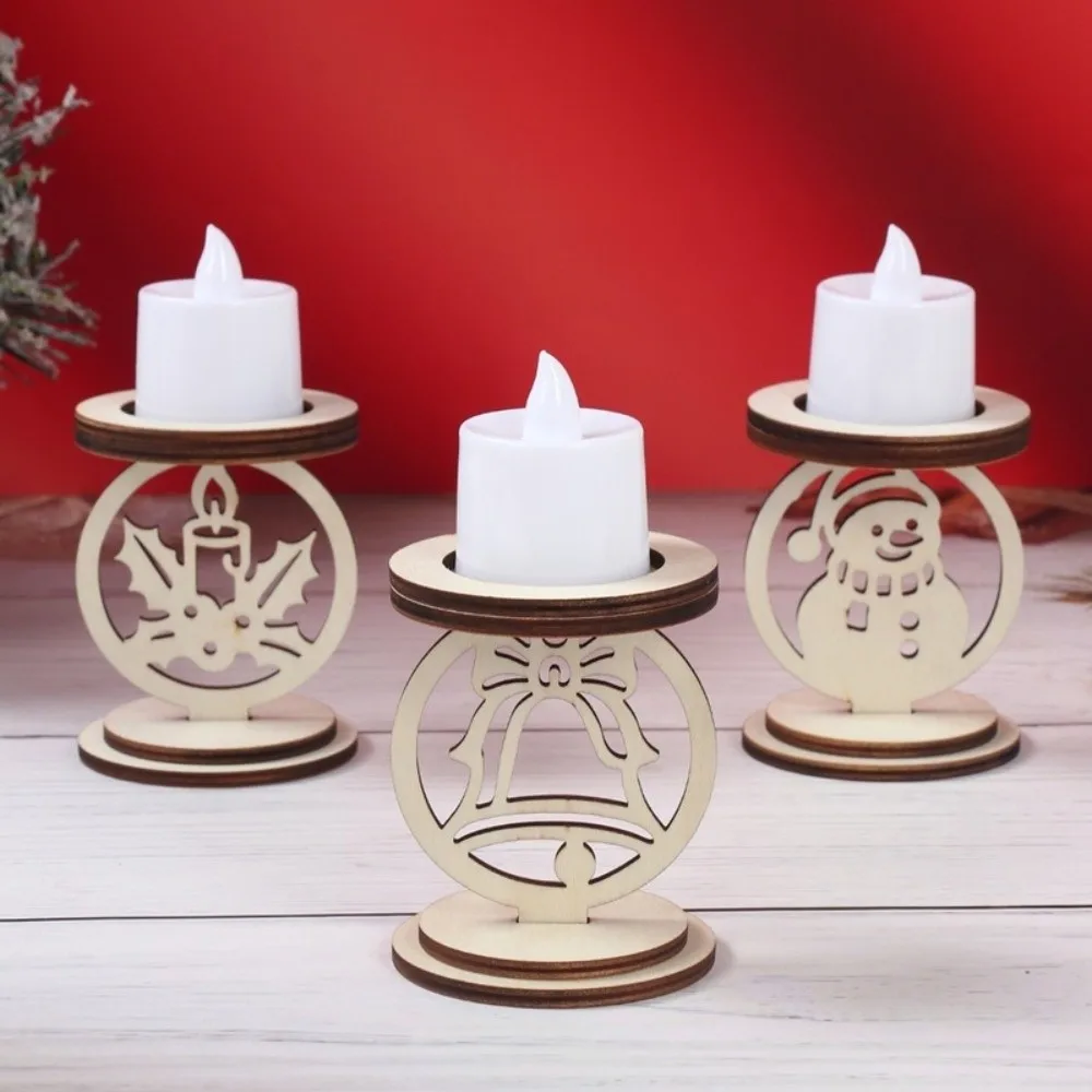 3Pcs Hollowed Out Wooden Christmas Candle Holder Bell Pattern Handmade Christmas Tea Light Holder Vintage Tree Snowman Snowflake