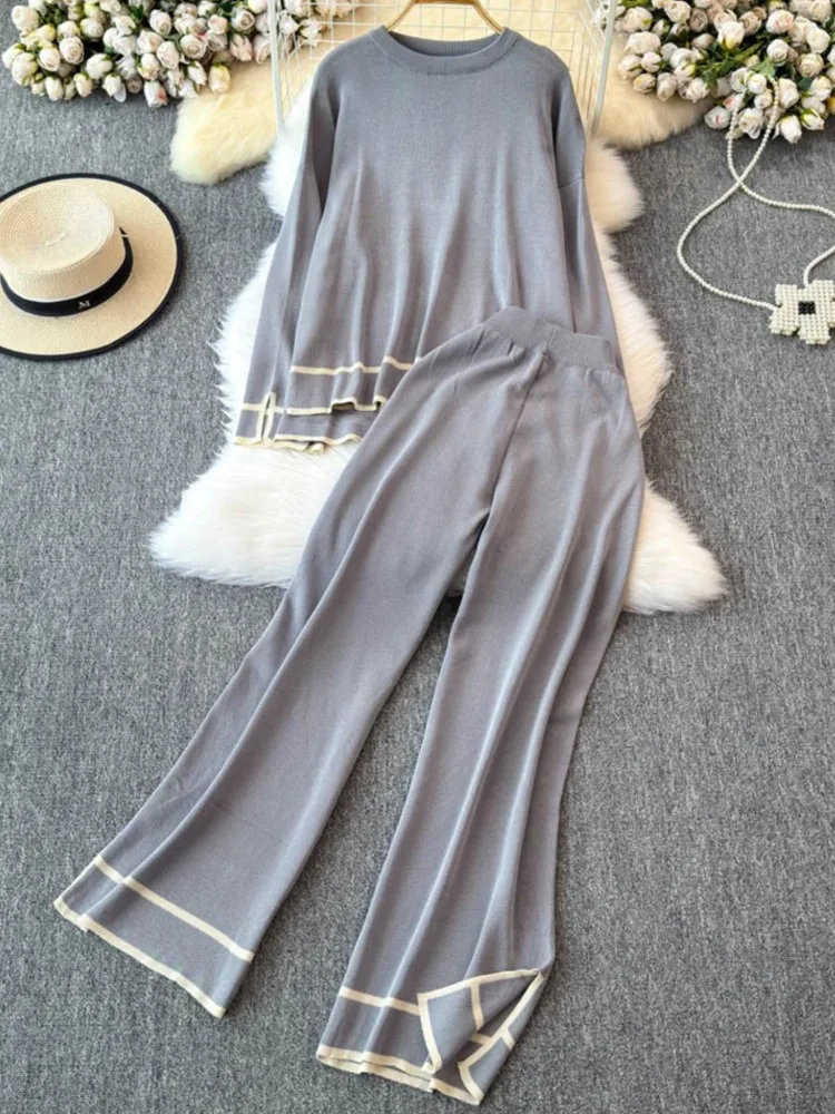 Autumn Fashion Solid Knitted 2 Piece Sets Women Outfits Loose Sweater Top + Wide-Leg Pants Suits Fashion New Female Clothes 2024