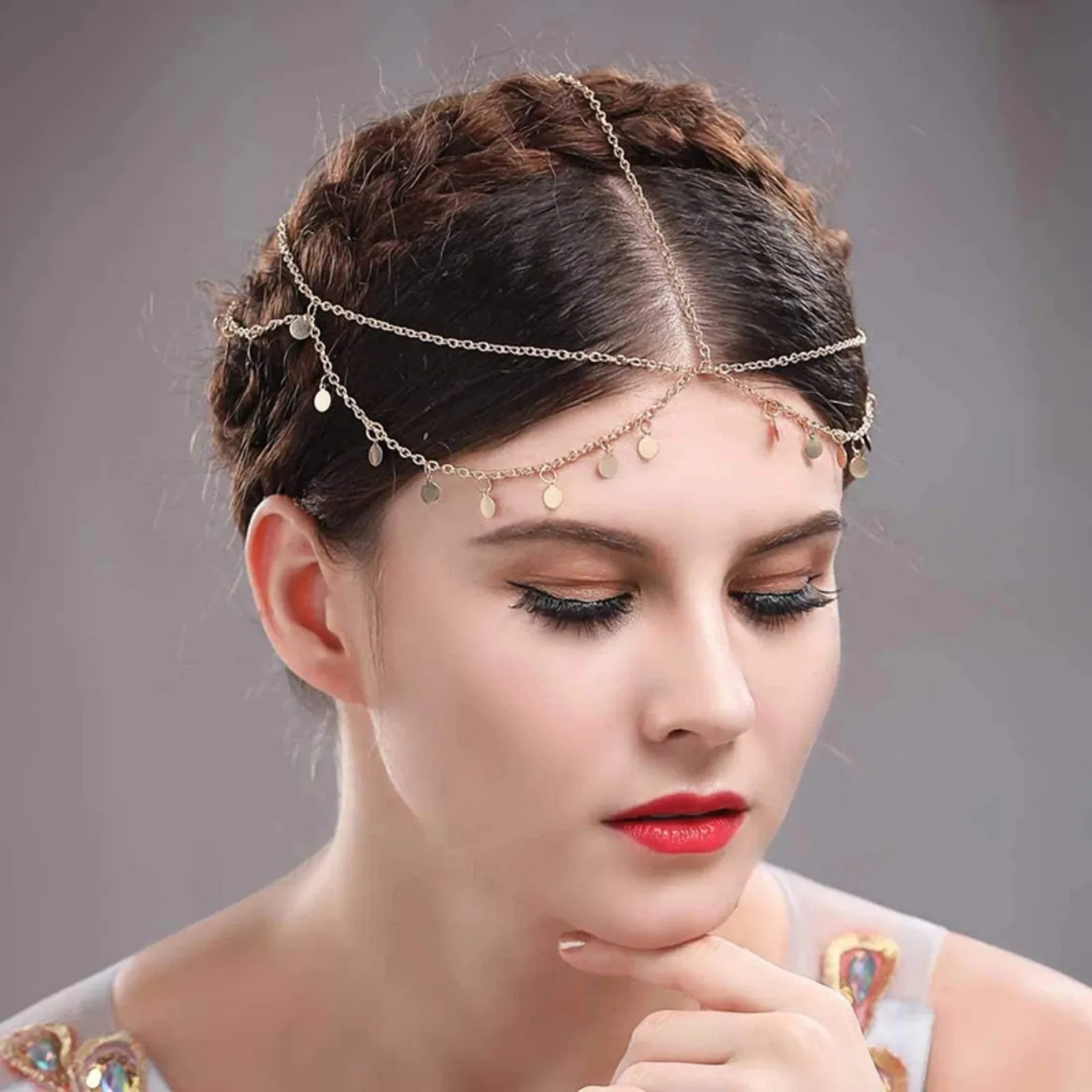 1PC Boho Style Gold Chain Headpiece with Disc Charms Elegant Hair Accessory for Festivals And Parties