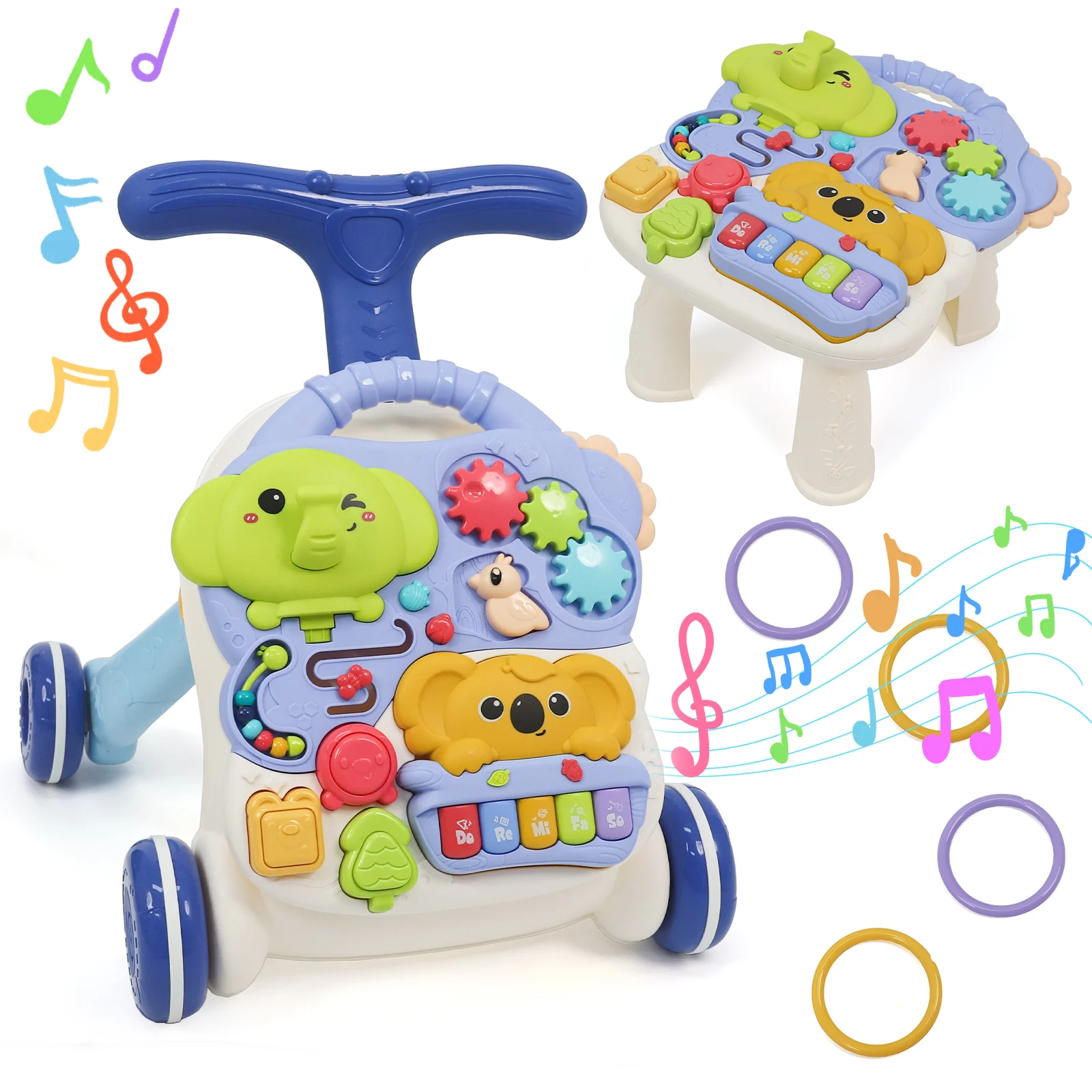 3-in-1 Toddler Walker Push Toy, Musical Early Learning Walking Cart with Adjustable Speed & Non-Slip Wheels