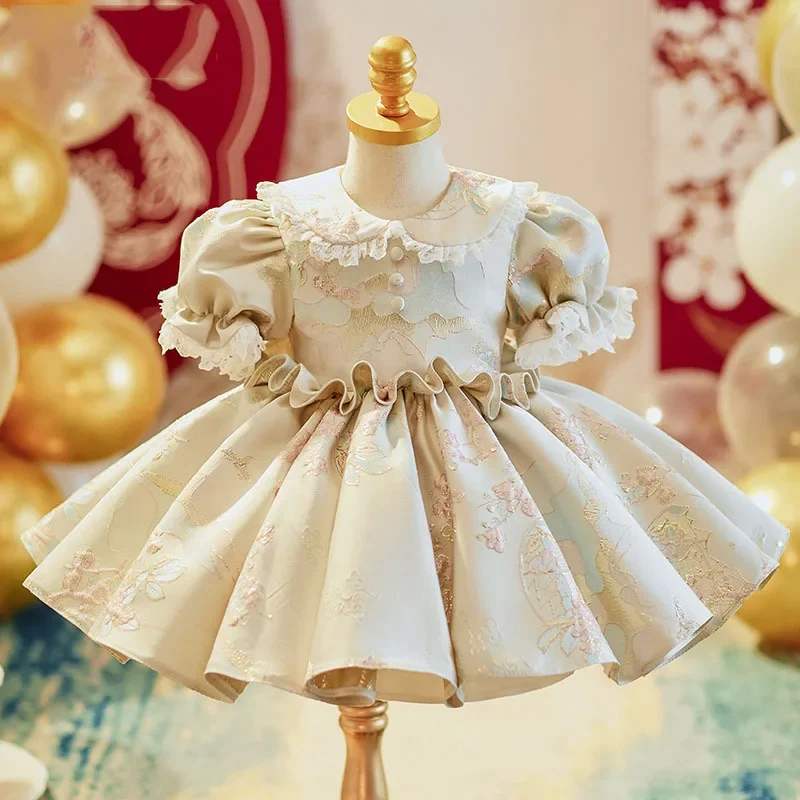 

Gala Dress for Baby Girls Kids Printed Ruched Ball Gowns with Bow for First Birthday Party Children Summer Pageant Fomal Dresses