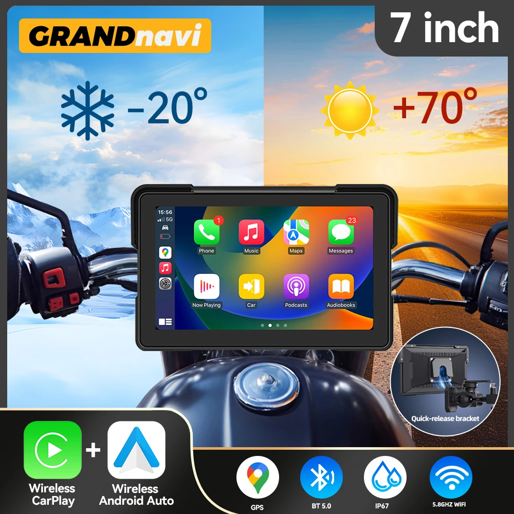 

7-дюймовый портативный GPS-навигатор для мотоциклов с CarPlay, водонепроницаемый дисплей IP67, съемный кронштейн для беспроводного CarPlay и Android Auto