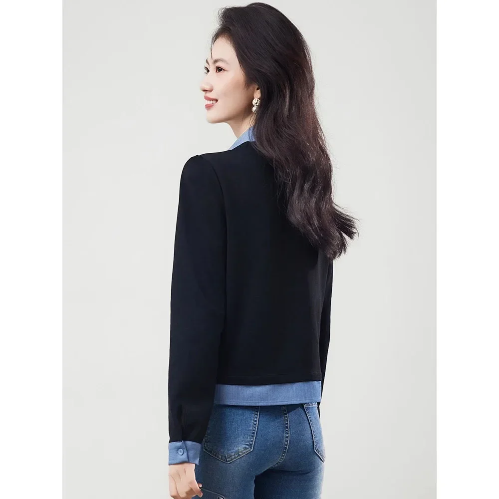 Wiosna Jesień Nowe Koszule Damskie z Wstawkami Casualowe Bluzki z Długim Rękawem Dopasowane Rozpinane na Guziki Bluzki Damskie Udawane Dwuczęściowe Bluzki Damskie