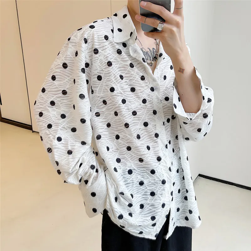 

Мужская свободная длинная рубашка в горошек в корейском стиле, с японским круговым принтом в горошек, солнцезащитная рубашка Haome Internet Fa...