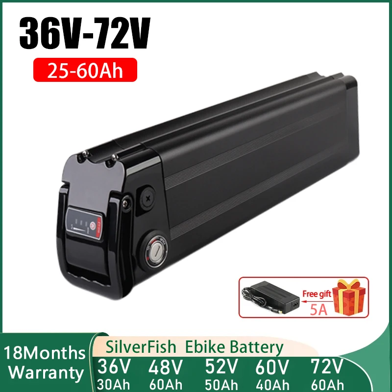 

36v 48v 52v 60v 72V Electric Bike SilverFish Battery 20ah 24ah30AH40ah 50ah 60ah13s5p Accu 2000w lithium battery with 5A charger