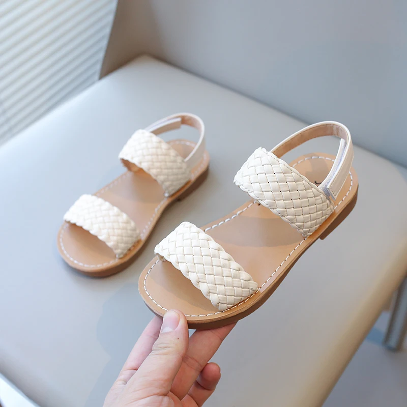 2026 Girl Sandals Braided Open Toe Fashion Vacation Summer Children Flat Shoes Solid Color Comfy Outdoor Anti-slip Kids Sliders