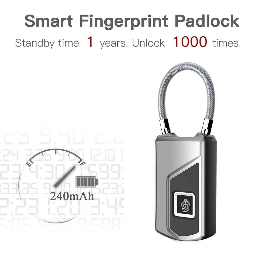 Intelligent Fingerprint Lock Portable Fingerprint Padlock Keyless Waterproof USB Rechargeable for Door Suitcase Backpack Outdoor