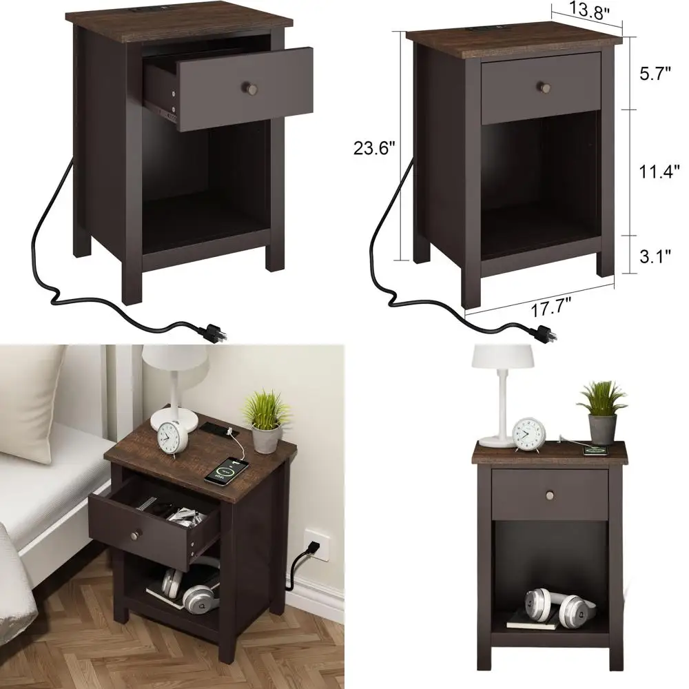 

Wooden Top Nightstand with Charging Port and Storage for Bedroom