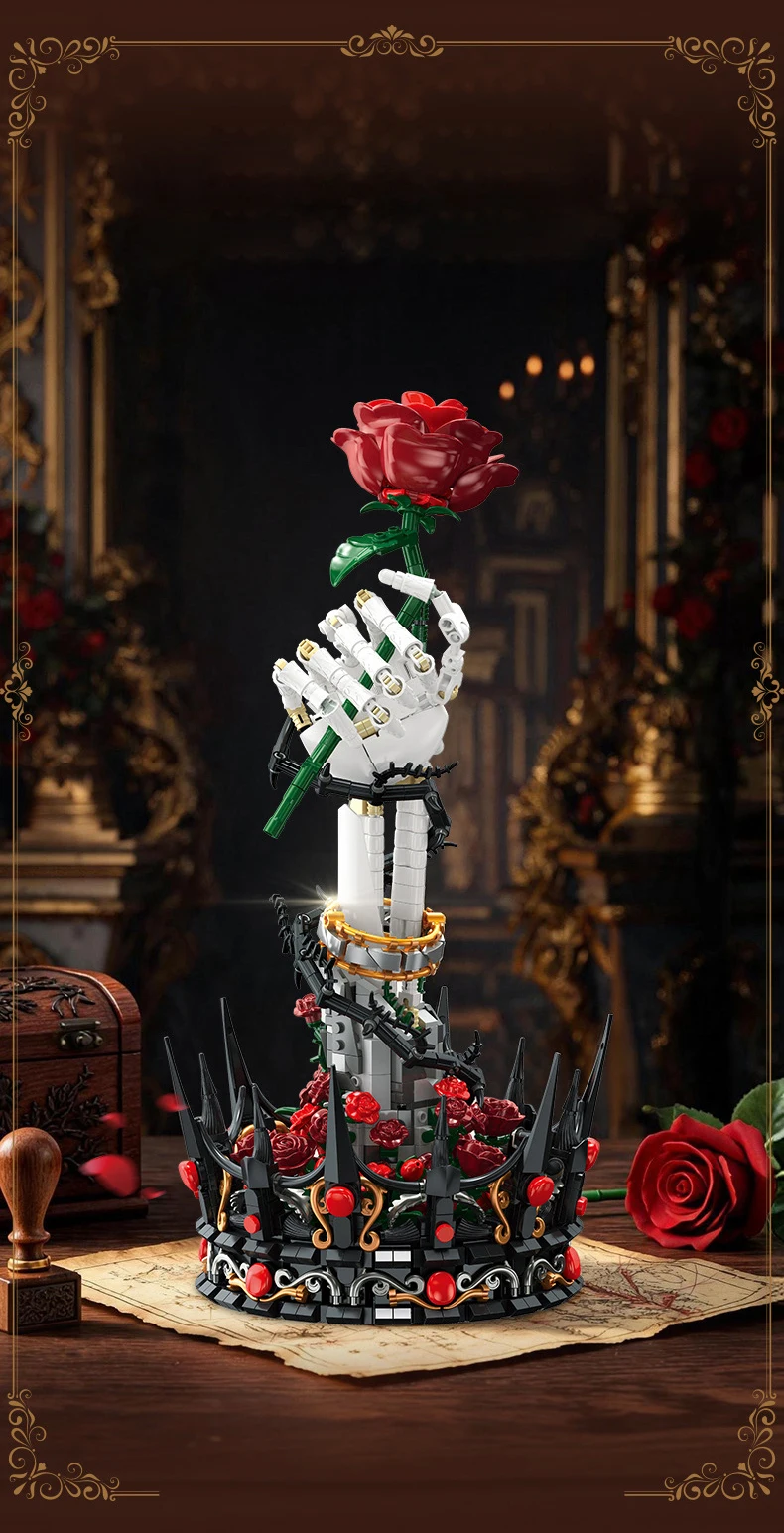 Idea Gothic Baustein Rote Rose Spielzeug Skelett Dunkle Blumenkrone Handgefertigter Baustein Schreibtischdekoration Sammlerstück für Geschenke – Detail 3