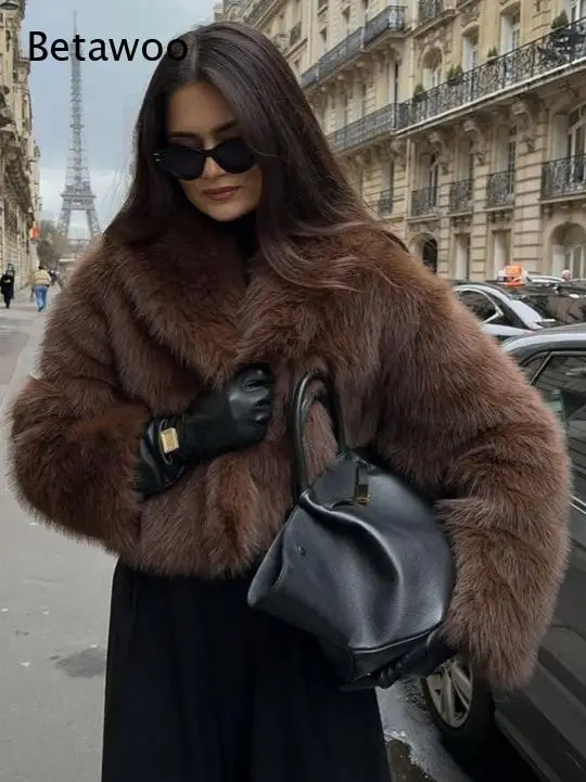 Women Oversized Wide Collar Faux Fur Cropped Jacket Solid Brown Thick Fluffy Short Winter Street Outerwear