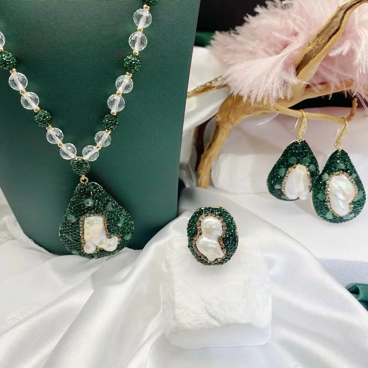 

White Green Crystal Beads Jewelry Set Natural Baroque Pearl Personality Pendant Necklace Earrings Ring Long Sweater Chain Collar