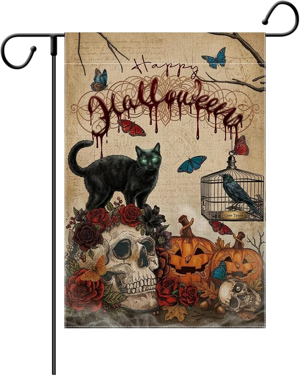 Halloween Cat Raven Skull Garden Flag Double Sided Burlap, Gothic Red Roses Butterflies Spiders for Porch Lawn Patio, 12x18  aaz