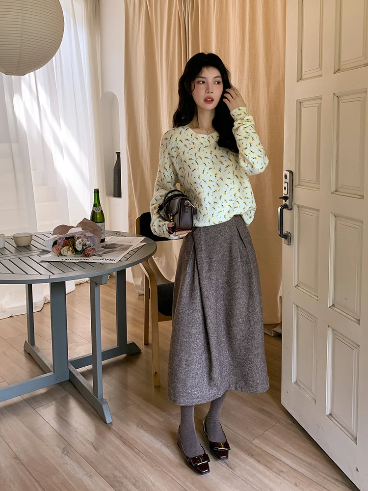 Sezan French Country Floral round Ne Pullover Knitted Loose Women's Sweater Sweet Sle Long Sve Printed Loose Fit Top