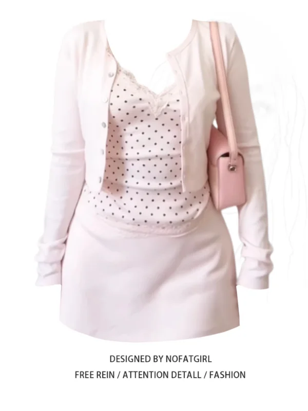 

plus Size Women's Pink Long Sleeve Lace Polka Dot Open Cardigan Slimming Two-Piece Set Summer Fashion Casual Commute Style