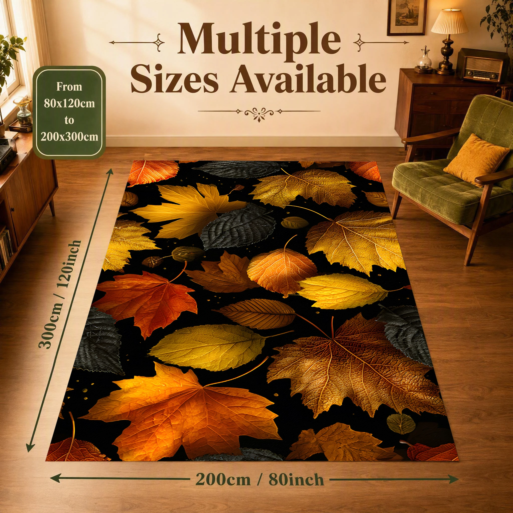 Warm Orange and Golden Autumn Leaf Print Natural Style Autumn and Winter Velvet Rug, Suitable for Living Room, Bedroom, and Bedside, Creating a Strong Autumn Harvest Atmosphere