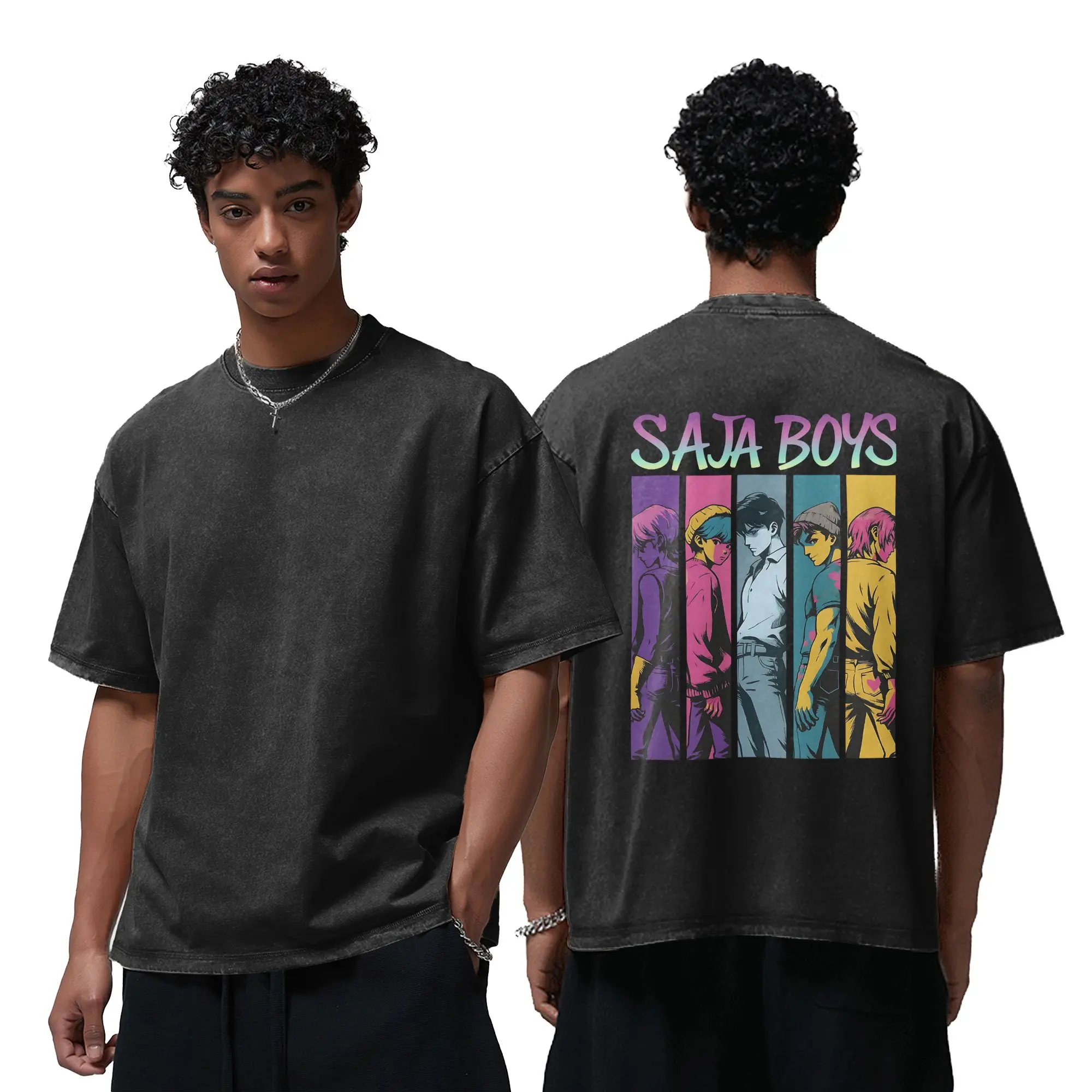 

Anime Kpop Demon Hunters Cotton Couple T-shirt American Retro Washed Vintage Printed Short Sleeved Summer Trendy Casual Clothes