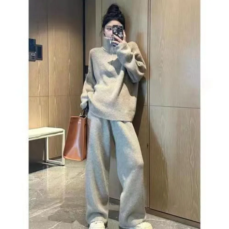 Casual Style High Neck Sweater Set For Women\'s Autumn And Winter 2024 New Fashion Knitted Casual Wide Leg Pants Two-Piece Set