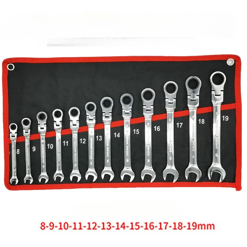 

12 piece adjustable head ratchet wrench set, hanging bag, fully polished CRV 72 tooth automotive maintenance tool set