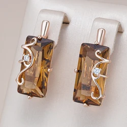 Kinel Simple Square 585 Rose Gold Color English Earrings for Women Light Brown Natural Zircon Accessories Daily Fine Jewelry