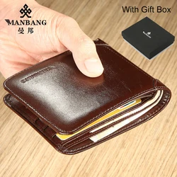 【Genuine Cowhide Leather】ManBang Brand Hot Sale Men's Wallet Luxury Original Short Tri-Fold First Layer Cowhide Purse Business