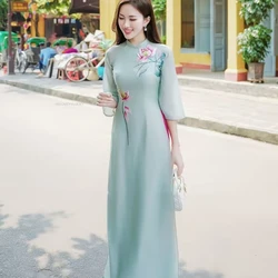 Women Aodai Vetnam Clothing Long Cheongsam Aodai Vietnamese Traditionally Dress Two-piece Wide-leg Pants Cheongsam Aodai Dress