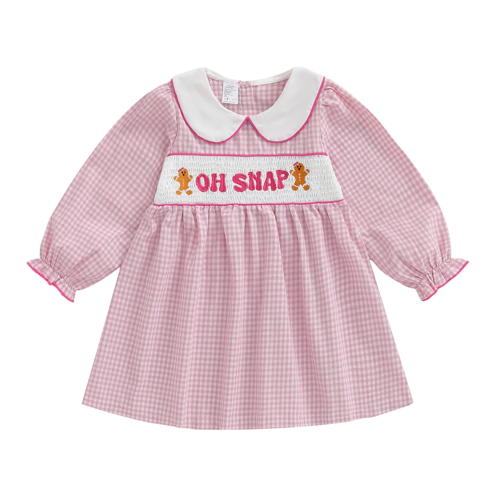 Gaun Kotak-kotak Tartan untuk Bayi Perempuan dengan Bordir Gingerbread yang Meriah dan Kerah Peter Pan untuk Perayaan Natal