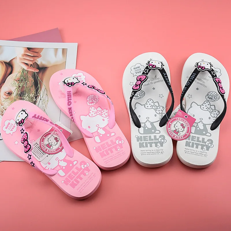 Sanrio Hello Kitty Flip Flops Y2k Cartoon Women Summer Beach Slippers Outdoor Non Slip Soft Bottom Foot Clip Cool Slippers Gifts