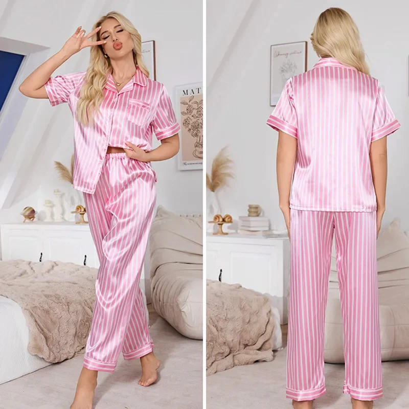 

Женский повседневный комплект из 2 предметов для сна, атласная ночная рубашка, розовый полосатый пижамный комплект, топ с короткими рукавами и брюки, роскошная домашняя одежда, одежда для дома