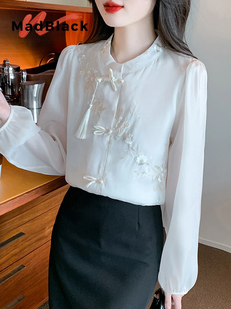 

MadBlack-Women European Shirt, Sexy Stand Embroidery, Vintage Lantern Sleeve Loose S-2XL Chiffon Blouse, 2026 Spring T5D874CC
