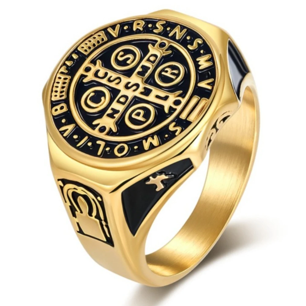 سانت بنديكت طرد الأرواح الشريرة الصليب خواتم الفولاذ المقاوم للصدأ شخصية الفن تنوعا خاتم موضة مجوهرات رائعة