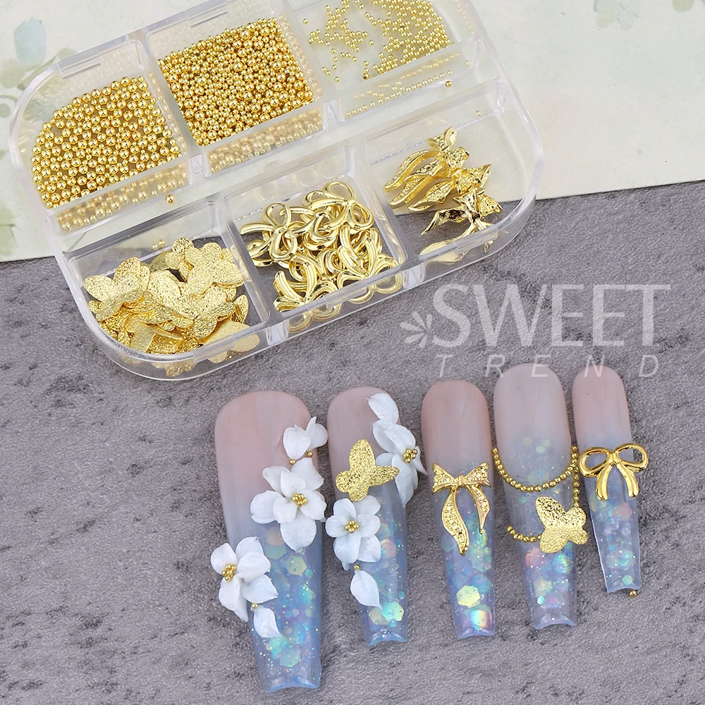 2 Dozen Gouden Zilveren Vlinder Nail Art Decoation Charms Kawaii Strik Stalen Bal Sieraden Onderdelen DIY Manicure Accessoires