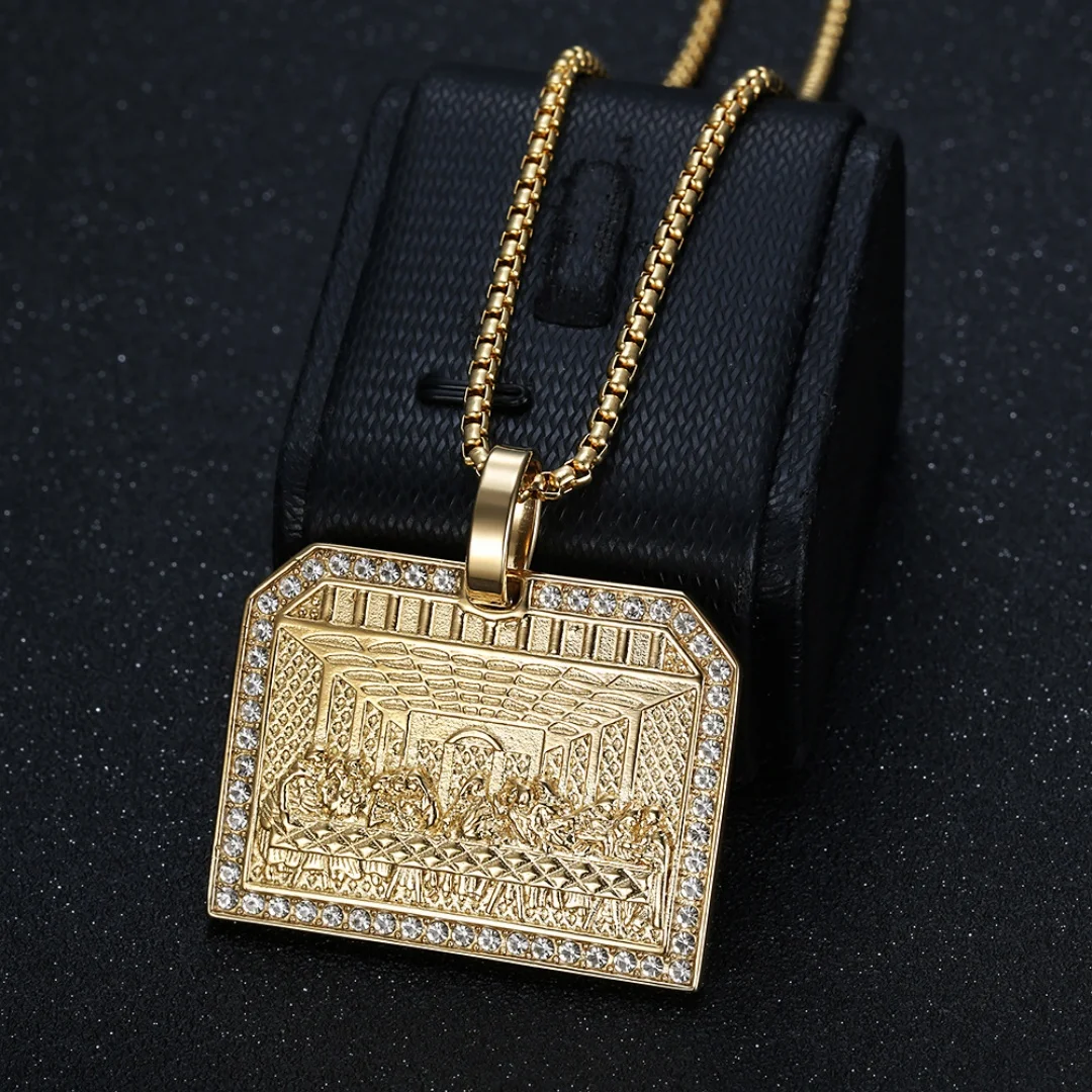 Religious Tennis The Last Supper Pendant Gold Silver Color Stainless Steel Christian Square Necklace for Women Men Jewelry Gift