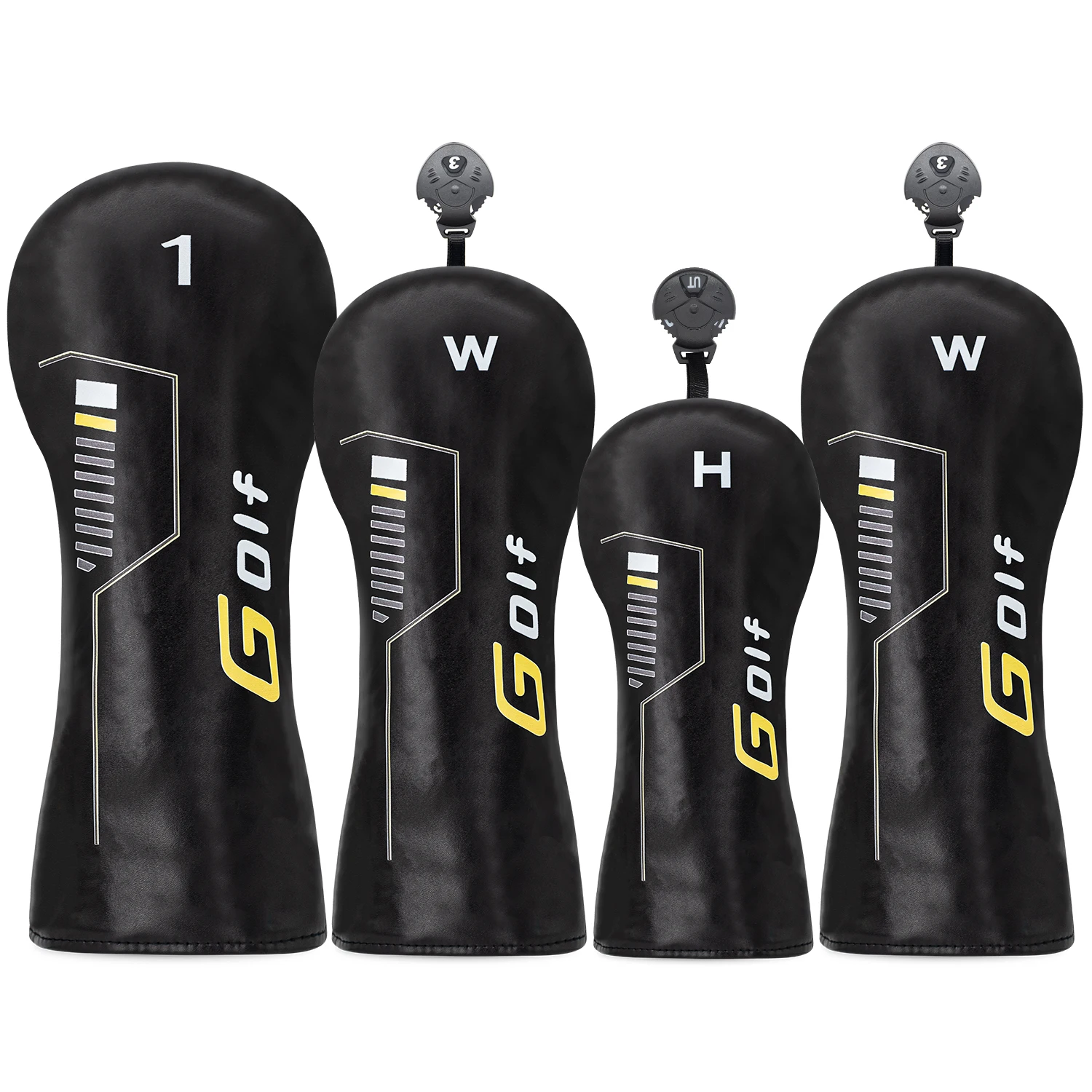 1PC/4PCS Printed Yellow Golf Letter Golf Headcover Black PU Golf Wood Club Head Cover For Driver Fairway Hybrid