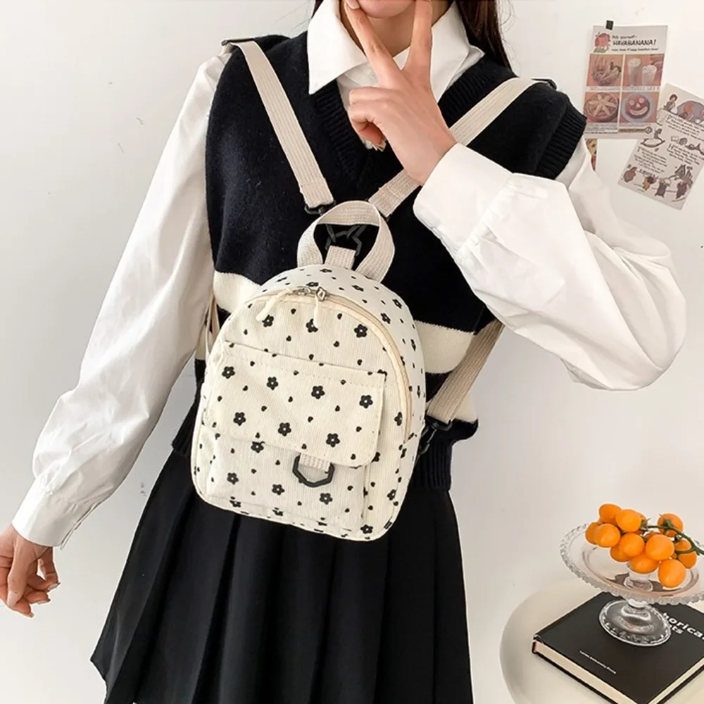 Flower Print Small Backpacks Fashion Mini Corduroy Women Shoulder Bag Multiple Pocket Lightweight Mini Backpack Women