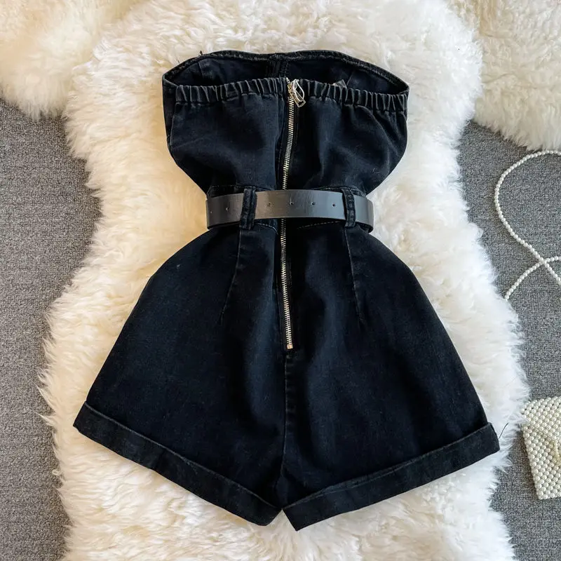 Mùa Hè Rompers Quần Jeans Nữ Jumpsuit Lệch Vai 2022 Rời Áo Denim Rompers Nữ Áo Liền Quần Ống Rộng Áo Quần Yếm Denim