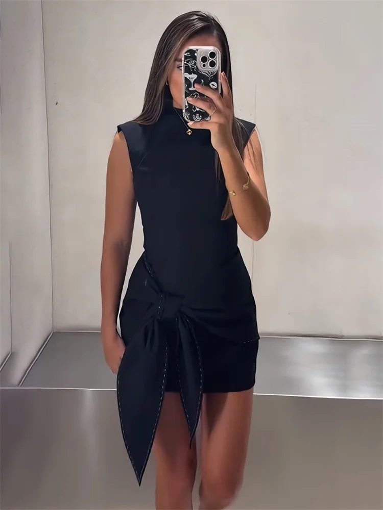 

Tossy Autumn Casual Lace-Up Mini Dress For Women Sleeveless Contrast Slim Commute Elegant Dress Clothes Female Bodycon Dress New